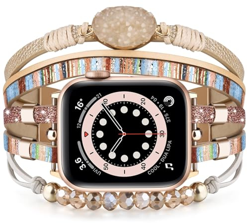 VISOOM Beaded Boho Kompatibel mit Apple Watch Armband 40mm/38mm/41mm/42mm Series 10/9/8/7/SE 6/5/4 Frauen Leder Niedlich Handmade Multilayer Wrap Watch Strap iWatch Bands 3/2/1 Replacement,Streifen