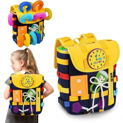 Montessori-Rucksack für Kleinkinder mit Schnallen Reißverschlüssen, Montessori-Sinnesspielzeug, Lernaktivität durch Spiel, kann auf dem Rücken aufbewahrt und getragen Werden, Reisespielzeug-Rucksack
