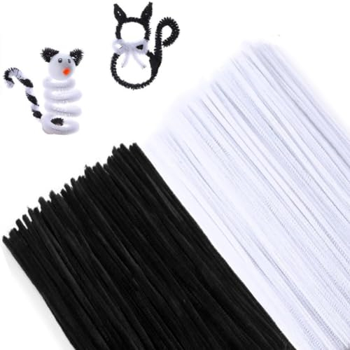 200 Stück Pfeifenreiniger Set, Schwarz Weiß Pfeifenreiniger Chenilledraht 30cm, Pfeifenputzerdraht für DIY Craft Projekte Chenilledraht Biegeplüsch zum Basteln und Dekorieren Pipe cleaners black white