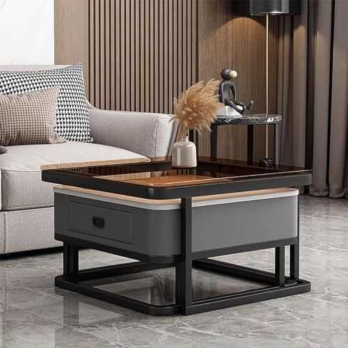 GArcan Quadratische Couchtische für das Wohnzimmer, Couchtisch mit Aufbewahrungsschublade, Glas-Couchtisch, 2er-Set, Schwarze Couchtische mit Metallrahmen, einfache Montage für Wohnzimmer, Büro