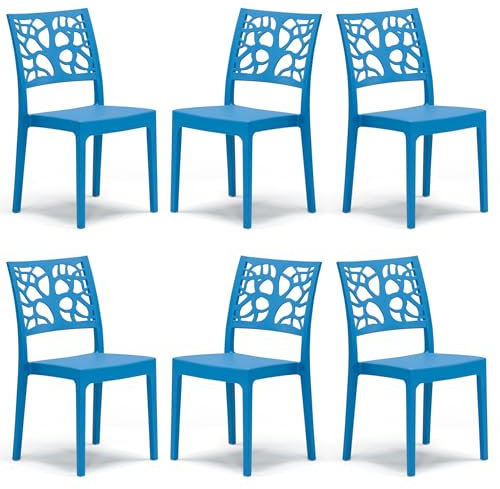 Set 6 sedie in polipropilene TETI, MADE IN ITALY, impilabile, idrorepellente, resistenza raggi UV, design moderno albero della vita per sala da pranzo, cucina, bar, ristoranti, esterno (Azzurro, 6)