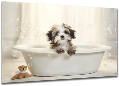 DARO Design - Toiletten-Bild auf 6mm HDF 84x56 cm Hunde-Welpe Shih Tzu in der Badewanne - Wand-Deko Bilder Lustiges Geschenk