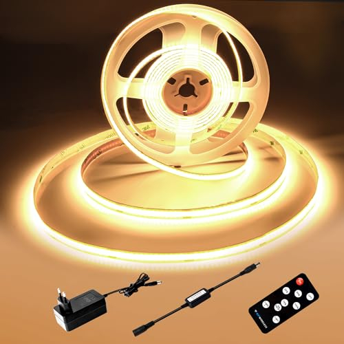 luktix Ruban LED COB 2M, Bande LED blanc chaud 3000K, Bande LED COB Dimmable 24V, CRI92, Largeur 8mm, avec Télécommande et Alimentation, Pour la Décoration,Maison, Cuisine, Miroir