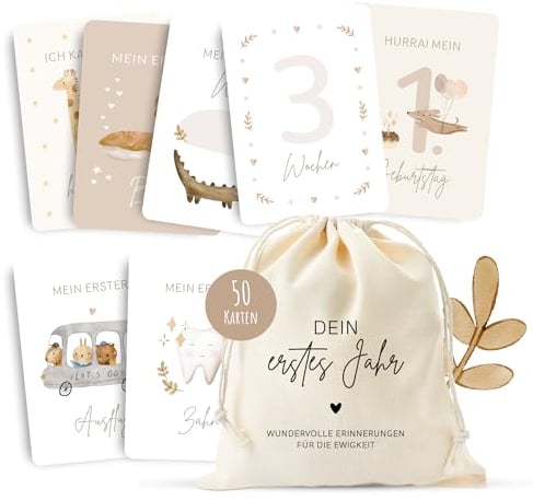 MeinBaby123® Meilensteinkarten Dein erstes Jahr | Meilenstein Karten Set Geschenk zur Geburt | Fotokarten für das erste Jahr | 50 Karten Inkl. Baumwollsäckchen (beige Boho)