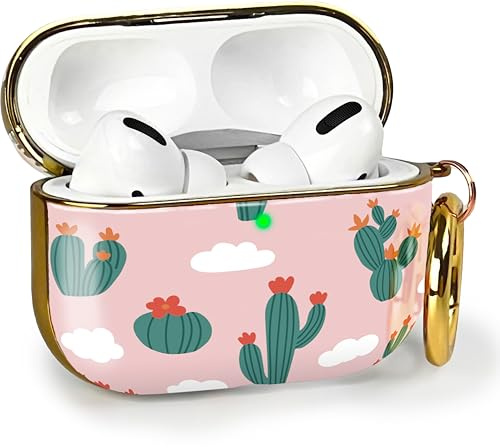 MyGadget Hardcase Hülle [ Kaktus Motiv ] kompatibel mit Apple AirPods Pro (1.Gen - 2019) - Qi kompatibel - mit Karabiner - LED Licht sichtbar - Rosa Grün