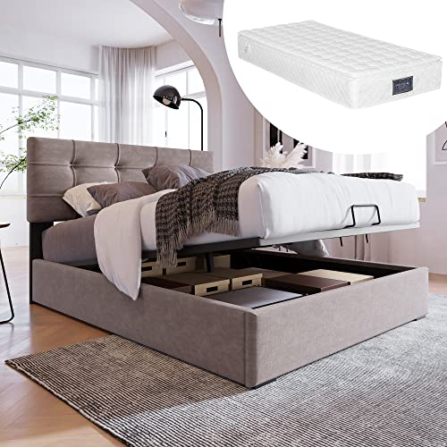 WODSOFTI Hydraulisch Einzelbett Polsterbett 90x200cm,Verstellbares Kopfteil, Bett mit Lattenrost aus Metallrahmen, Samt, Modernes Bettgestell mit Stauraum, Hellgrau(Inklusive Matratze)