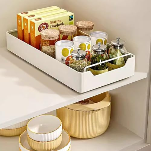 Glorlliant Pull Out Cabinet Organizer, Pull Out Telescopic Kitchen Drawer, Extendable Sliding Kitchen Pullout Drawers for Kitchen Cupboard Cabinet, Drill-Free, 20cm W x 43cm D x 7cm H, White