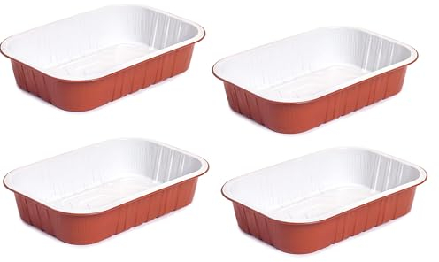 Recipientes desechables de aluminio lacado, 4 bandejas de 2 porciones blanco/terracota, línea Microondas Premium para cocinar como en el horno, extra rígidos, bandejas desechables, línea profesional,