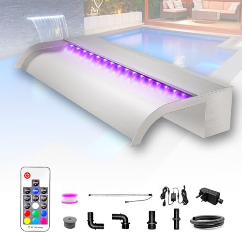 LONGRUN 60cm Teich Wasserfall Klingen Set, 304 Edelstahl Gebogener Wasserfall mit 7 Farben LED und Fernbedienung, Breite 25.5cm