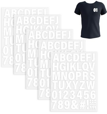 5 Sheets 250 Pieces Iron on Letters and Numbers for Clothing 1.7 Inch A to Z and 0-9 Iron on Alphabet Numbers Vinyl Letters with PU Heat Transfer Letter for Jersey Fabric Shirt DIY Craft, White