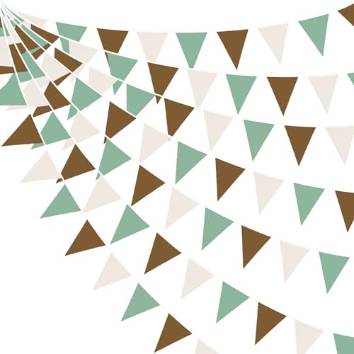 32Ft Sage Green Brown Beige Bunting Banner Party Decoration Retro Colored Fabric Triangle Flag Pennant Garland Streamer for Woodland Jungle Safari Summer Birthday Wedding Baby Shower Christmas Decor