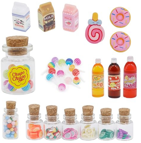 Miniatur Essen und Trinken Wichtel Zubehör,17 Stück Miniatur Puppenhaus Küche Zubehör,Mini Lebensmittel Set Food Süßigkeiten DIY Deko Geschenk für Wichteltür Weihnachten Deko