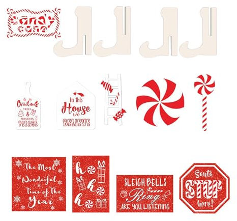 Walopola Christmas Tier Tray Decor Set, Red and White Winter Wood Tabletop Signs, Table Centerpieces for Home Kitchen Party, Rustic Tiered Tray Decoration Items