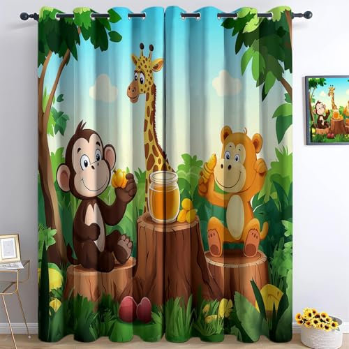 Grün Vorhänge Zeichentricktiere Affe Giraffe Gardinen mit Ösen, Vorhang Blickdicht, Verdunklungsvorhänge, Schiebevorhänge, Schlafzimmer Wohnzimmer Deko, Blackout Curtain 2er Set 214 x 91.5 cm