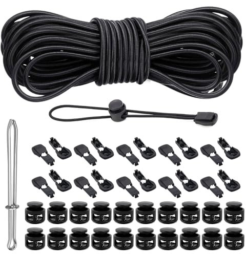 FSWWSF Cuerda de goma elástica de 3 mm, hilo elástico de 30 m, cuerda de goma redonda con 20 pinzas de cordón, 20 topes de cordón, 2 agujeros y enhebrador para ropa, cordón, mochila, cuerda de
