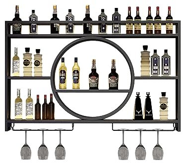 Étagère à vin murale en métal avec étagère en verre et liqueur, vitrine noire pour bouteilles de whisky et verres à vin