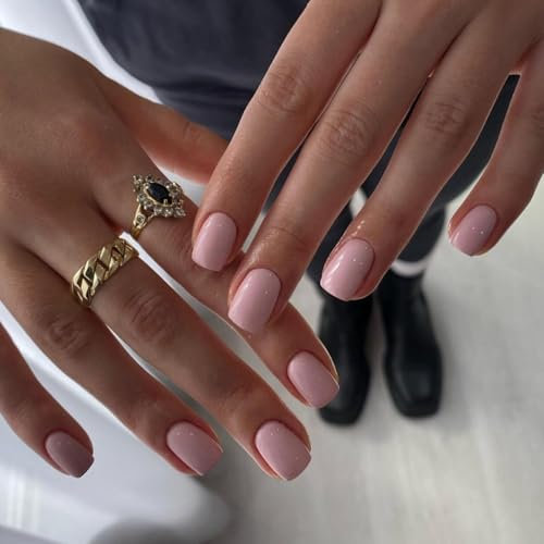 SXVME Dusty Pink Press on Nails Short Square Acrylic Short False Nails Coffin Natural Acrylic Fake Nails Set Elegant Solid Color Full Cover Glossy Gel Stick on Nail for Women Daily Wear 24 Pcs