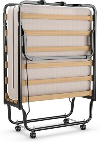 FANTASK 80x200cm Faltbares Faltbett mit Matratze aus Rückstellschaum in Beige, Gästebett Klappbar auf Rädern, Klappbett mit stabilem Stahlrahmen bis 120kg