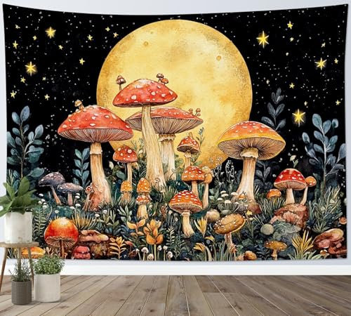 LB Wandteppich Jahrgangs Pilze Wandtuch Botanische Pflanzen mit Blüte Wandbehang Orangefarbener Mond Sternen am schwarzen Himmel Tapisserie für Wohnzimmer Schlafzimmer Wohnheim Wanddeko,200x150cm