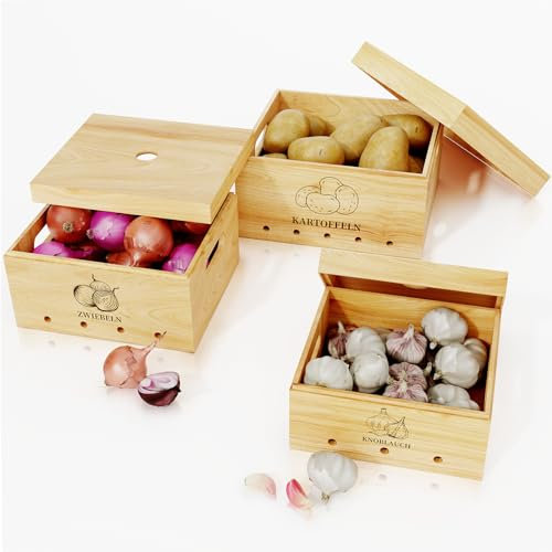 DUHARS Kartoffel Aufbewahrungsbox Holz mit Deckel(3er Set), Knoblauch Zwiebel Aufbewahrung Küche, Stapelbare Aufbewahrungsboxen Küche für Kartoffeln Zwiebeln, Obst und Gemüse