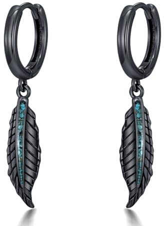 Midir&Etain Feder Hänge Ohrringe für Männer Frauen 925 Sterling Silber Schwarz Punk Ohrring mit Türkis Gothic Schmuck Geburtstags Vatertag Geschenk für Jungen Gattin Mutter