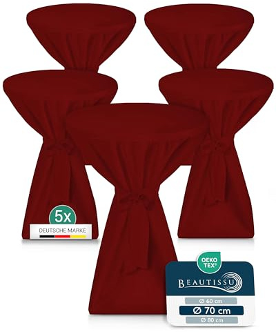 Beautissu 5X Premium Stehtischhusse Blickdicht rutschfest bügelfrei | Ø70-75cm Bordeaux 40°C waschbar Stehtischüberzug Husse für Stehtisch Bistrotisch Bartisch Gastronomie Hochzeit Deko Premium L