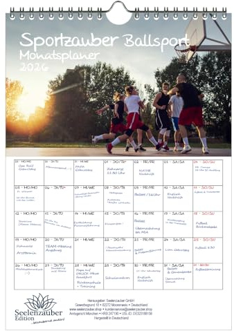 Sportzauber Ballsport Planer DIN A4 Kalender für 2026 Sport Fit - Geschenkset Inhalt: 1x Kalender 1x Weihnachtsanhänger 1x Grußanhänger (gesamt 3 Teile)