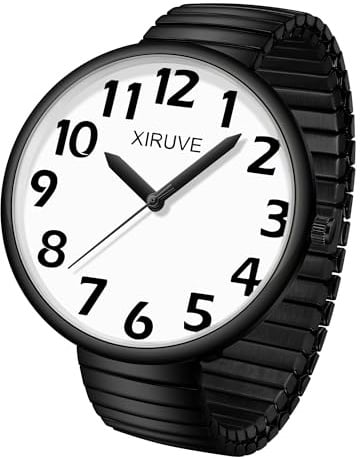 XIRUVE Damen Herren Gut Lesbar 43mm Gehäuse mit Große Ziffern Weißes Zifferblatt Edelstahl Zugarmband Analog Quarz Armbanduhr