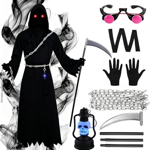 FCYQSD Sensenmann Kostüm für Kinder Erwachsene, Halloween Cosplay Kostüm mit Brille Sense Kette Gürtel für Halloween Karneval (Erwachsene, M)