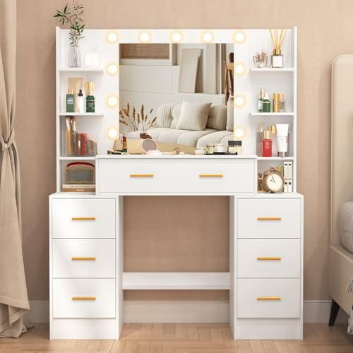 Saimeihome Schminktisch mit dimmbarer Beleuchtung & Spiegel, Weißer Kosmetiktisch mit 7 Schubladen + 8 Ablagefächern, Makeup Tisch für Schlafzimmer 110x40x140 cm (goldene Griff)