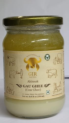 GIR GAUVEDA A2 Gir Cow GHEE– 250 ml (8.45 OZ) | Clarified Butter | Non-GMO, Lactose-Free, Keto Friendly | Vedic Bilona Method | Ahinsak Gau Ghee | Grass-fed, Pure and Healthy Desi Cow Ghee