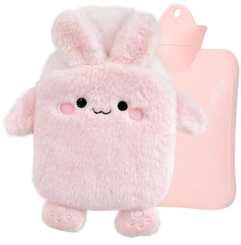 TYXHXTF Wärmflasche Kinder, Wärmflasche mit Bezug Fluffy Tier, Hase Wärmeflasche mit Handwärmerbezug, Bettflasche mit Superweichem Abnehmbarem Bezug, Hot Water Bottle Plüsch Handwärmer, Kaninchen