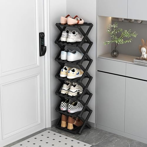 GIRYES Zapatero pequeño negro, organizador de zapatos plegable de bambú de 7 niveles, estante independiente para entrada, dormitorio, armario, sala de estar, no requiere instalación