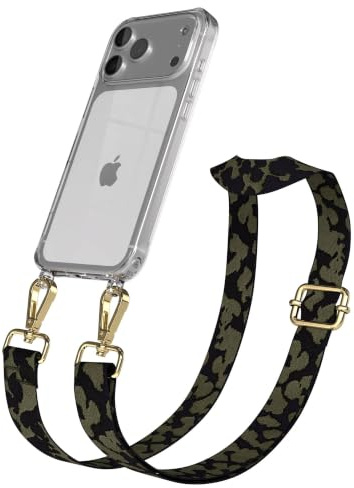 EAZY CASE Handykette - Verstellbares Taschenband kompatibel mit iPhone 17 Pro Max, Schulterriemen, Handykordel mit Silikon Hülle, Umhängetasche, Dunkelgrün Camouflage Gold