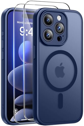 FLLAO Coque pour iPhone 15 Pro (6,1 Pouces) avec 2 Verres Trempés, Compatible avec Mag Safe, Coque Mat Translucide Fine Antichoc, PC Dur Housse Arrière Anti-Rayures + TPU Bumper Antichoc,Bleu