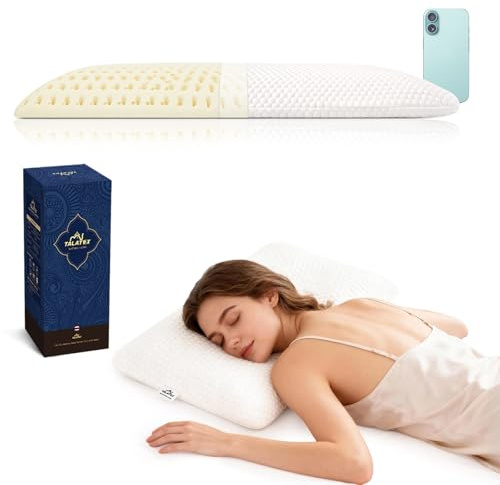Talatex Natural Latex Thin Pillow for Front Sleepers & Stomach Sleepers | 7cm Slim Profile Flat Pillow for Neck Pain Relief, Medium Firm Support with Washable Cover (Standard (24×16×2.6), Medium)