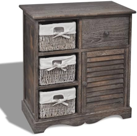 mtlskopl Kommode Paulownia Holz 60x30x63 cm 3 Körbe Braun Landhaus Stil platzsparende Aufbewahrung für Flur Büro Wohnzimmer