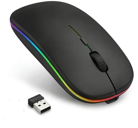 Wireless Mouse Rechargeable, Dual Mode 2.4G+BT Silent Slim Bluetooth Mouses | with RGB Light, 3-Level DPI, USB-C Charging, Portable usb Mouse wireless for Laptop MacBook PC Tablet Gaming Matte Black