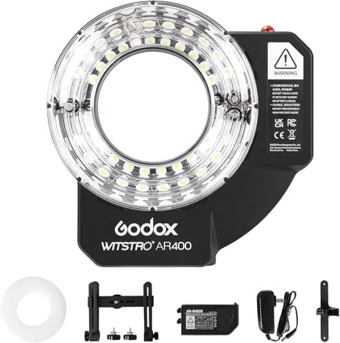 Godox Wistro AR400 Leichter Ringblitz mit eingebautem Li-Ionen-Akku, schattenfreie Beleuchtung für Makro- und Portraitfotografie (Schwarz)