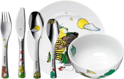 WMF Kindergeschirr Set Janosch 6-teilig mit Gravur – mit Namen – Porzellan Teller, Müsli-Schale, Tasse und Kinderbesteck – Weihnachtsgeschenke für Kinder