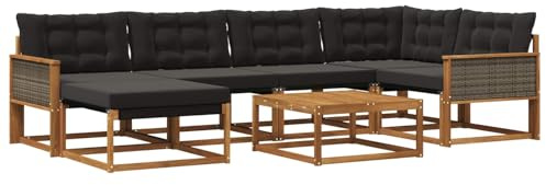 vidaXL Outdoor-Sofagarnitur mit Kissen 7 pcs Natürlich und Schwarz, Modernes Garten-Sofa-Set, langlebige Loungemöbel, stylische Terrassensitze, wetterfeste Schaumkissen, Akazienrahmen
