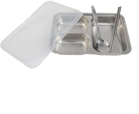 NEIQIUWING Snackbox mit Deckel, Lunchbox mit 3 4 5 Fächern, stapelbare Vorratsdose für Obst und Snacks, auslaufsicher für Schule Büro Picknick, silber(3 Compartments)