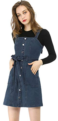Allegra K Women's Classic Adjustable Strap A-Line Overall Denim Dress Dark Blue 12