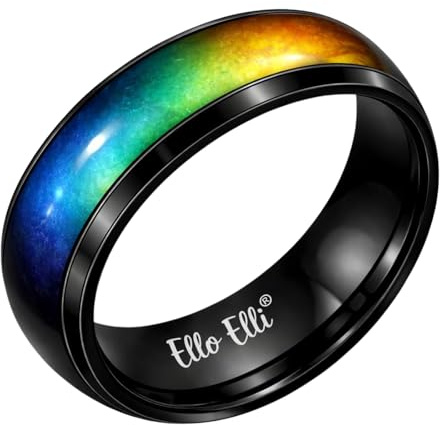 Ello Elli 8mm Color Changing Mood Ring for Men & Women, Stainless Steel Comfort Fit Mood Ring, Silver & Black Band