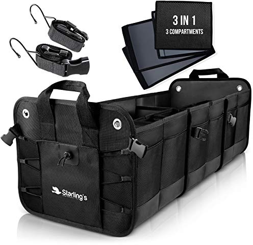 Kofferraumtasche Kofferraum von Starling‘s - Organizer Auto Autotasche Kofferraum Box, Stark Aufbewahrungsbox für Auto, SUV, Verstellbare Fächer, rutschfeste, wasserdichte Böden (Schwarz, 3 Fächer)