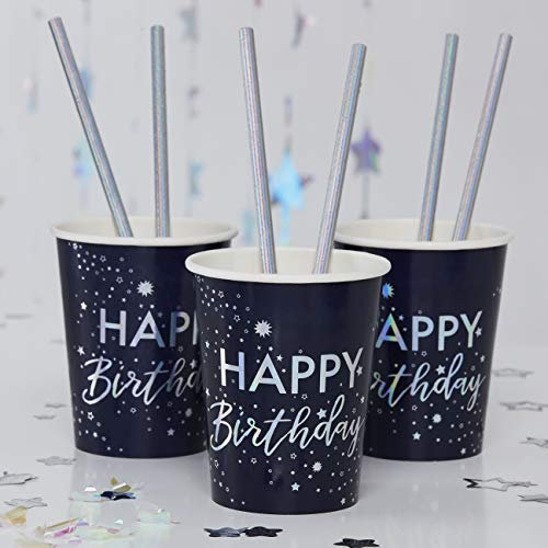 Ginger Ray Lot de 8 gobelets en carton irisé et bleu marine « Happy Birthday »