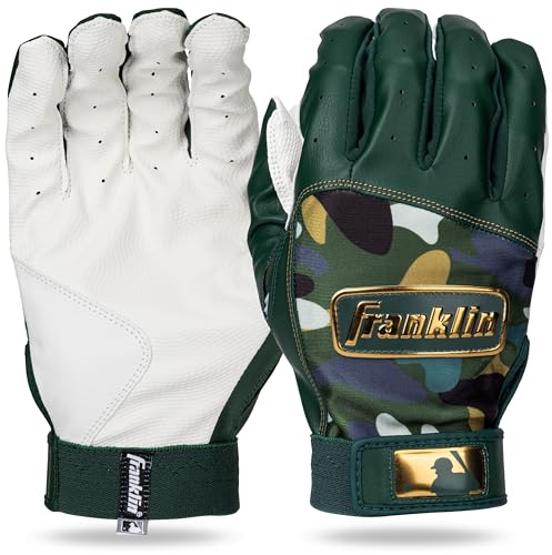 Franklin Sports MLB Batting Gloves - Digitek Camo Baseball + Softball Batting Gloves - Premium Leather Baseball Gear - Adult + Youth Pair - Forest Green + Gold Camo - Adult Medium