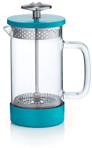 Barista & Co Core Cafetière à piston française – Passoire à thé et à café sans plastique avec gobelet en verre borosilicate, filtre en métal et base en acier amovible – Infuseur manuel à thé et à café bleu sarcelle 350 ml