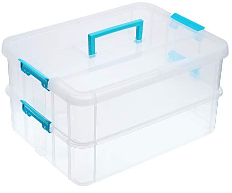 SERAKUKA SUMNACON Stapelbare Aufbewahrungsbox 2 Etagen Kunststoff Verstellbare Aufbewahrungsbox mit Tragegriff Transparent für Kunst Spielzeug Handwerk Nähzubehör Blau