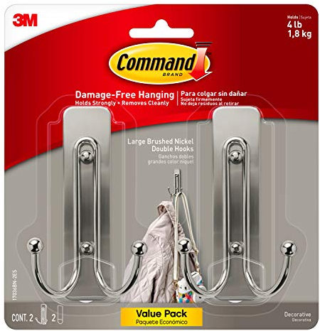 Command Large Wall Hooks, Damage Free No Tools Double Wall Hooks for Hanging Decorations in Living Spaces with Adhesive Strips, 2 Brushed Nickel Plastic Hooks and 2 Strips